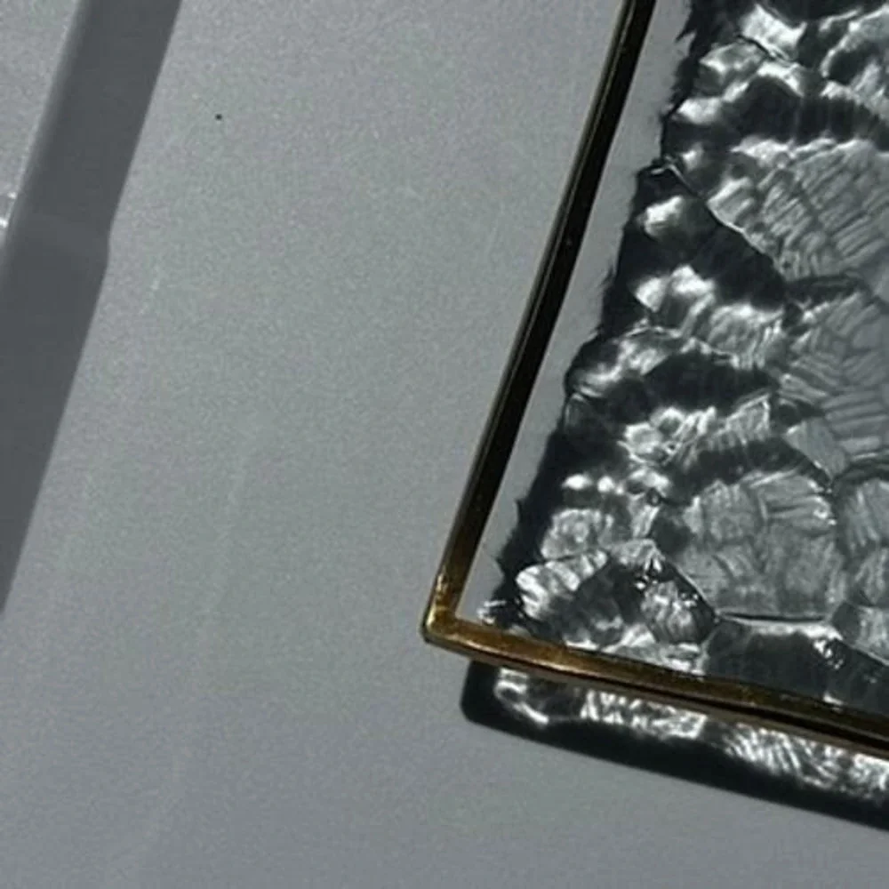 Vtg Textured Ice Glass Rectangular Serving Tray Gold Rim Hammered Clear Tray 13